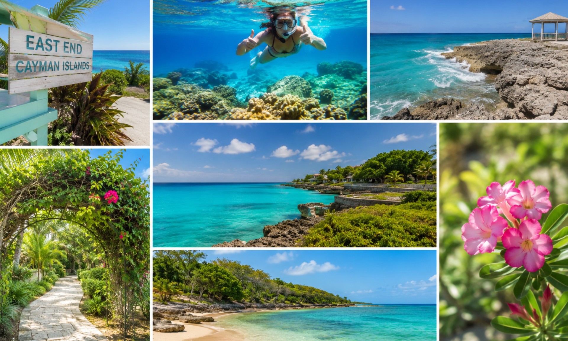 Collage of Cayman Islands scenes: East End sign, snorkeling in clear turquoise water, rocky coast, palm-lined path, and pink hibiscus flowers.