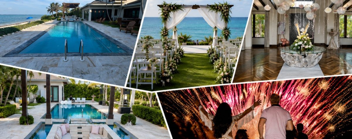 Collage of a resort: oceanfront pool, white floral wedding arch, elegant indoor event space, outdoor pool terrace, and guests watching fireworks.