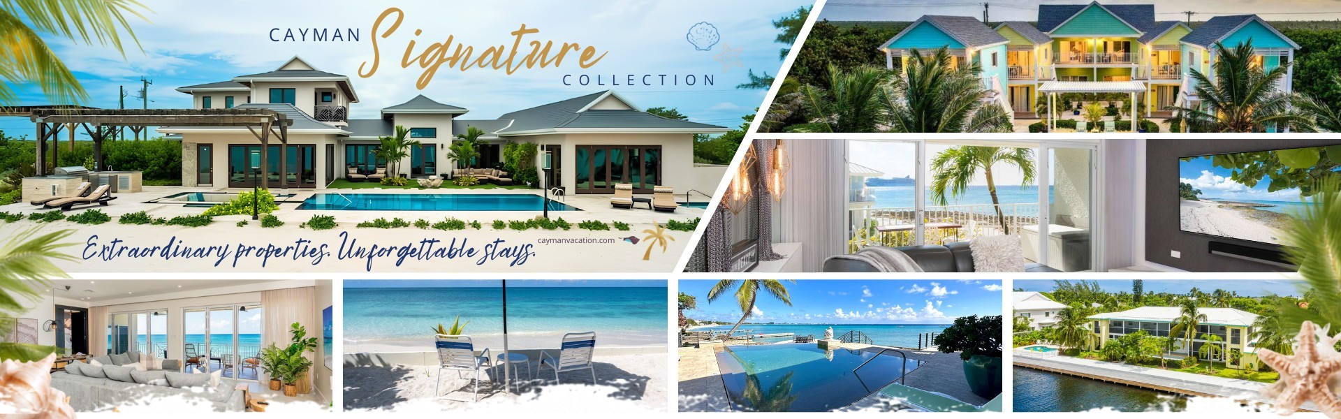 Collage advertising Cayman Signature Collection: luxury villas with pools, beach access and tropical scenery scroll through a seaside resort setting.