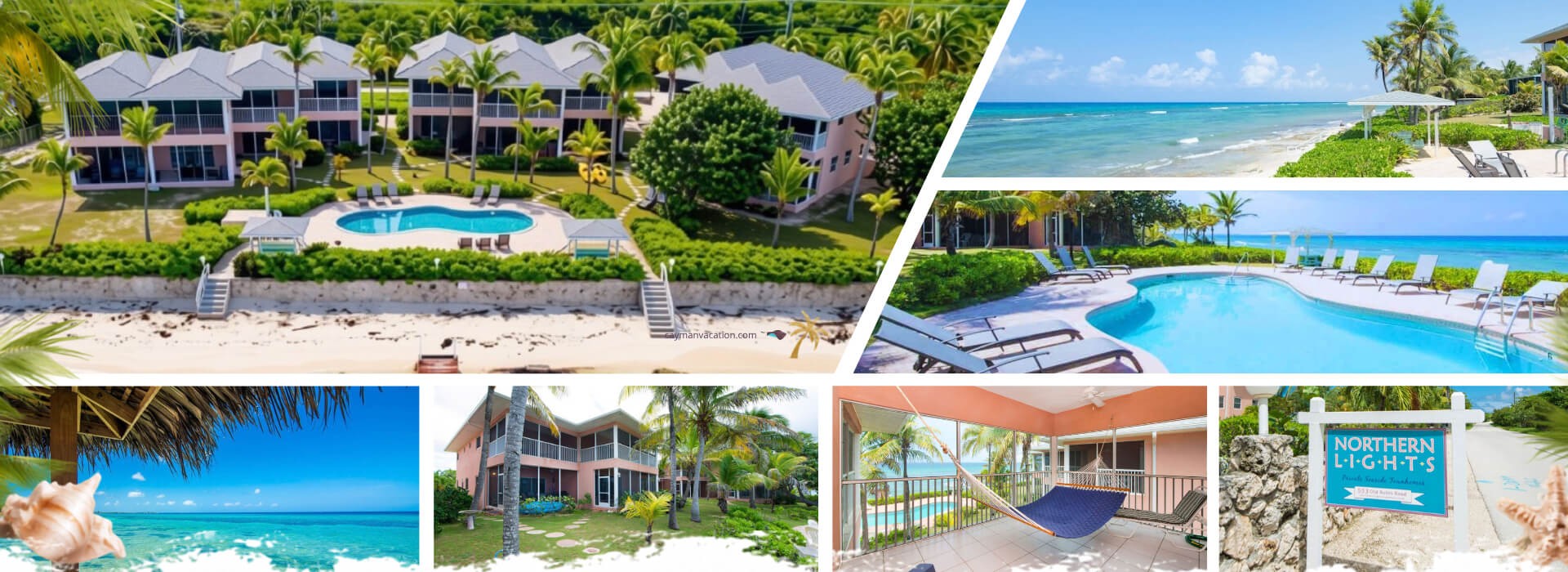 Tropical beachfront resort with pink buildings, palm trees, a central curved pool and white sandy beach view from above.