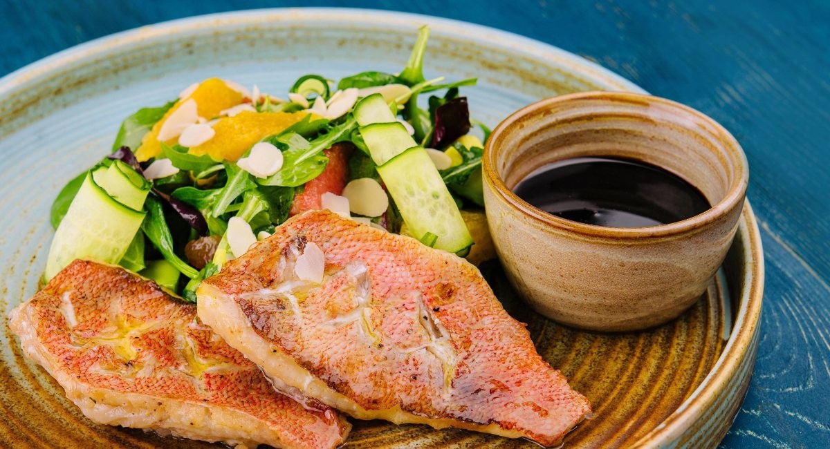 Snapper fillets with fresh salad and dipping sauce on a ceramic plate
