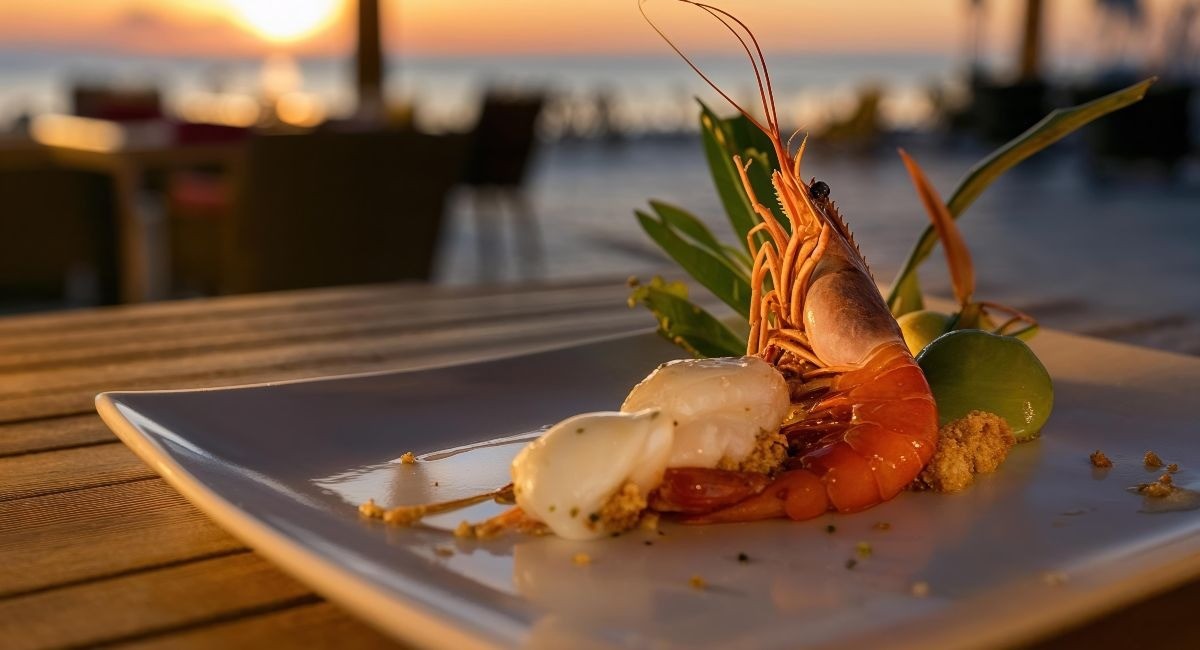 Seafood entree plated at a beachside table during Cayman Islands Restaurant Month in October