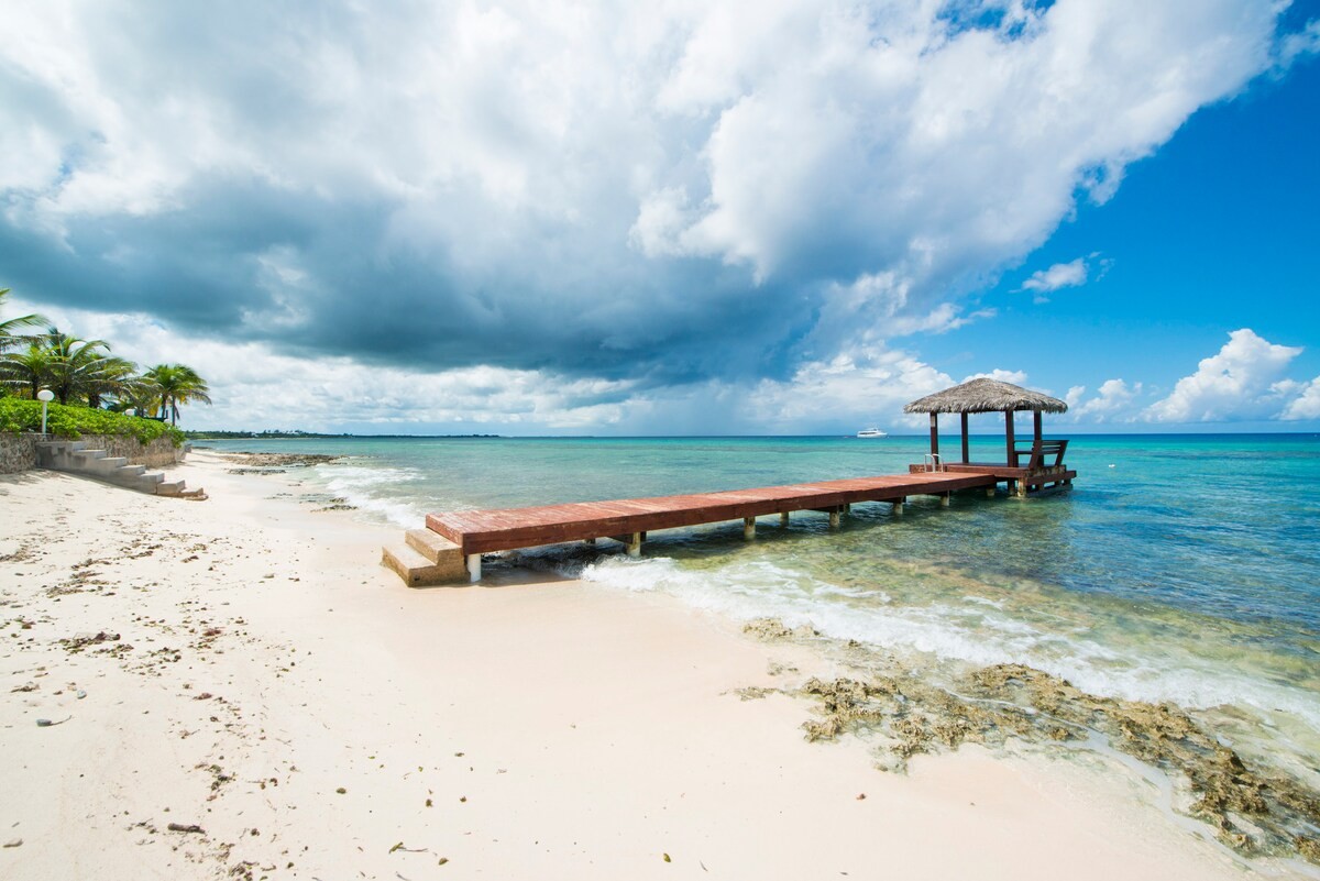 Tropical beach with white sand, palm trees on the left, and a wooden pier extending into turquoise water with a thatched-roof shelter at the end of the dockue