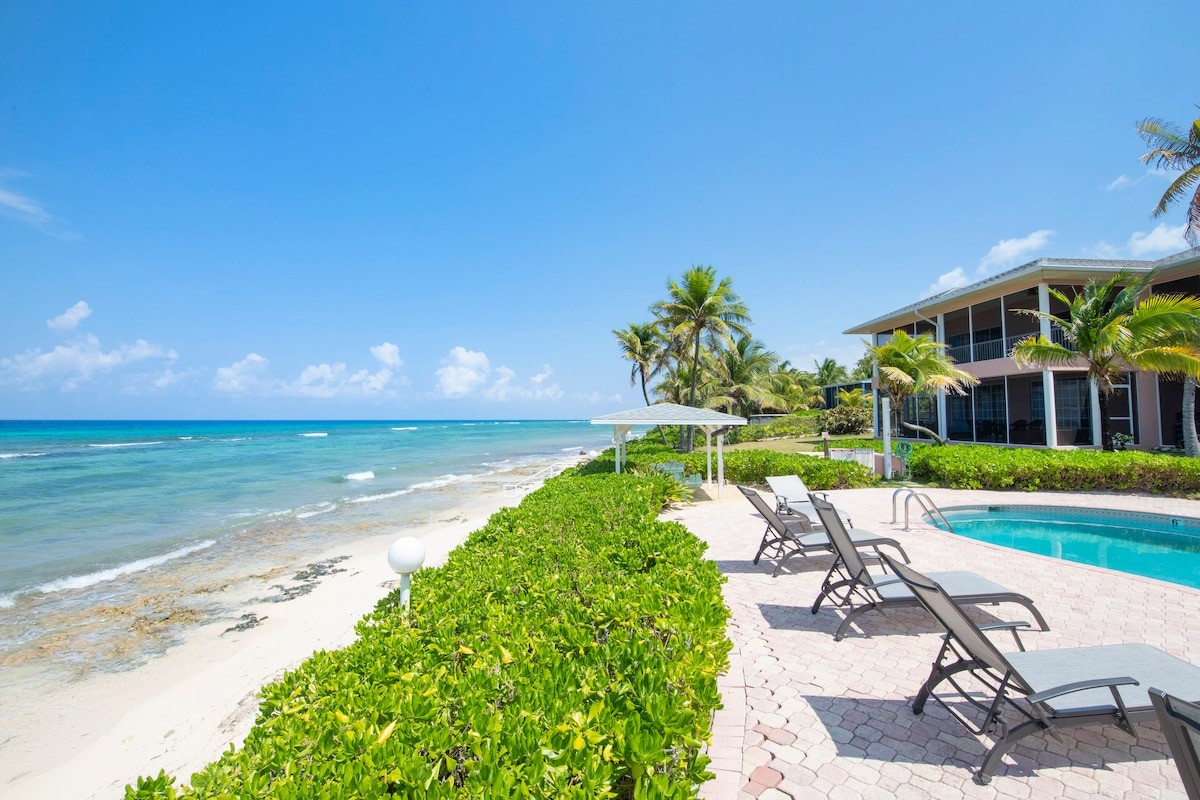 Resort pool area overlooking a sandy beach and turquoise sea under a clear blue sky, with lounge chairs along a paved patio and palm trees nearby.
