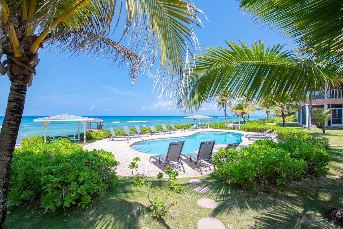 Resort poolside with lounge chairs and palm trees overlooking the blue ocean under a clear sky