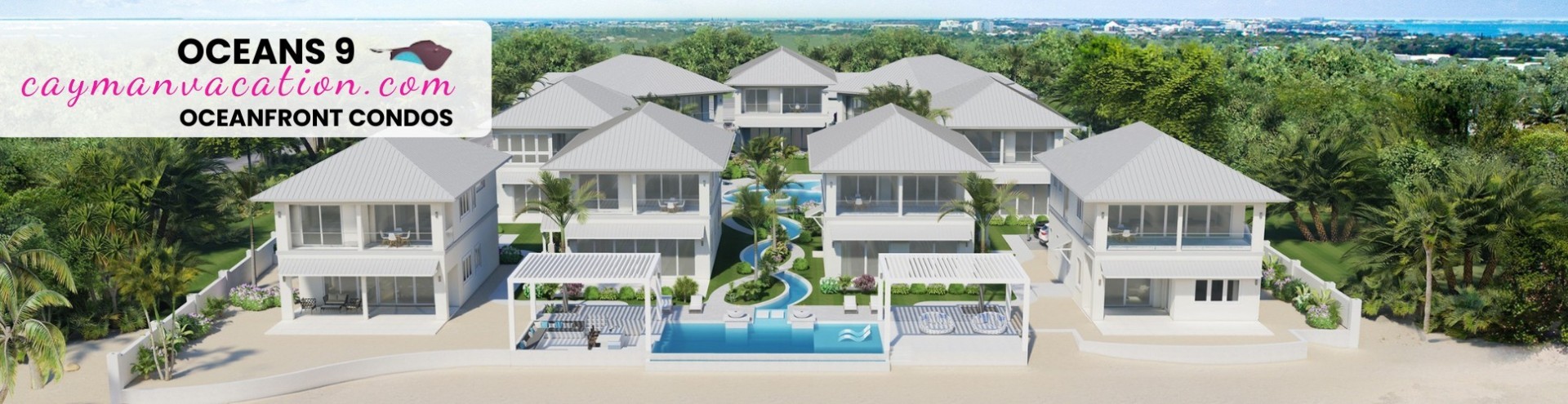 Oceanfront condo complex banner with multiple white villas, pool, and palm trees along a sandy beach; promotional text reads Oceans 9 CaymanVacation.com Oceanfront Condos.