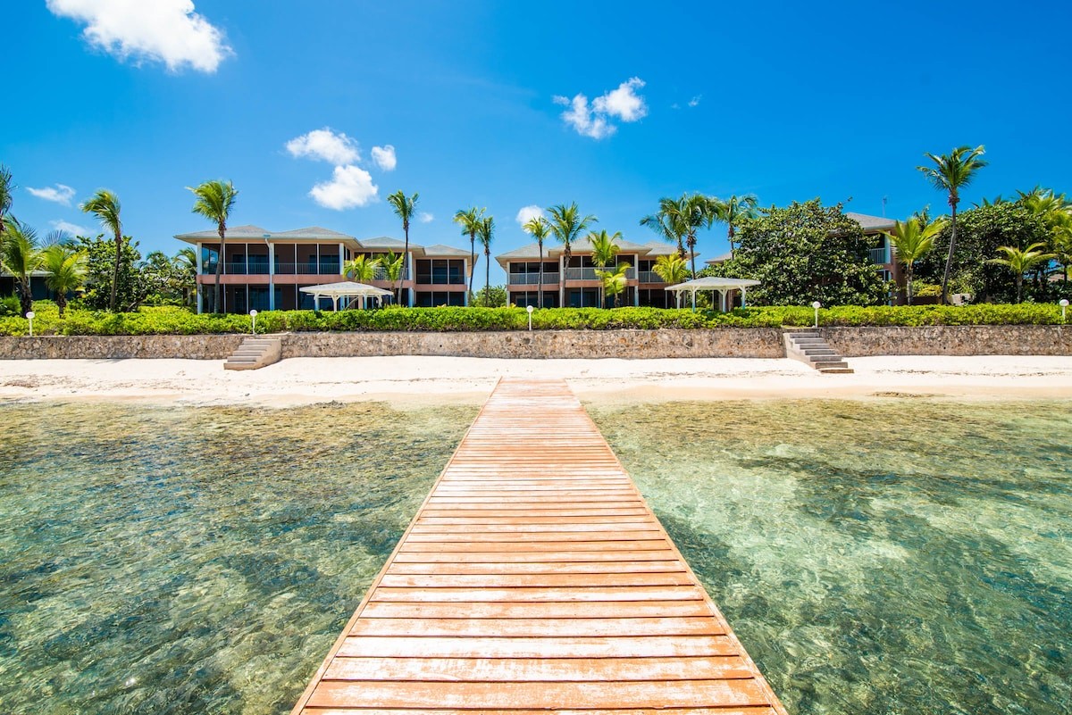 Wooden boardwalk extends from clear turquoise water toward a tropical beachfront resort with palm trees under a bright blue sky.