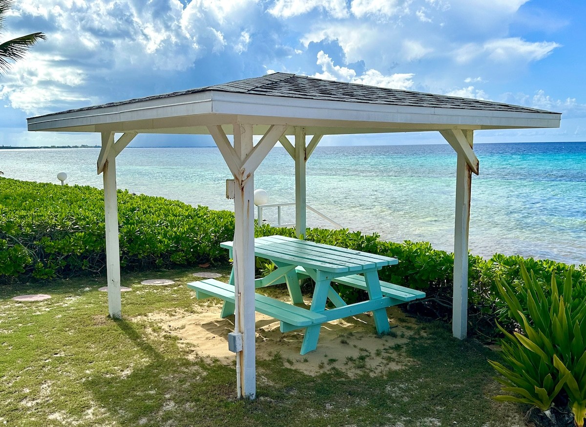 White gazebo with a turquoise picnic table on a sandy beach overlooking clear blue water.